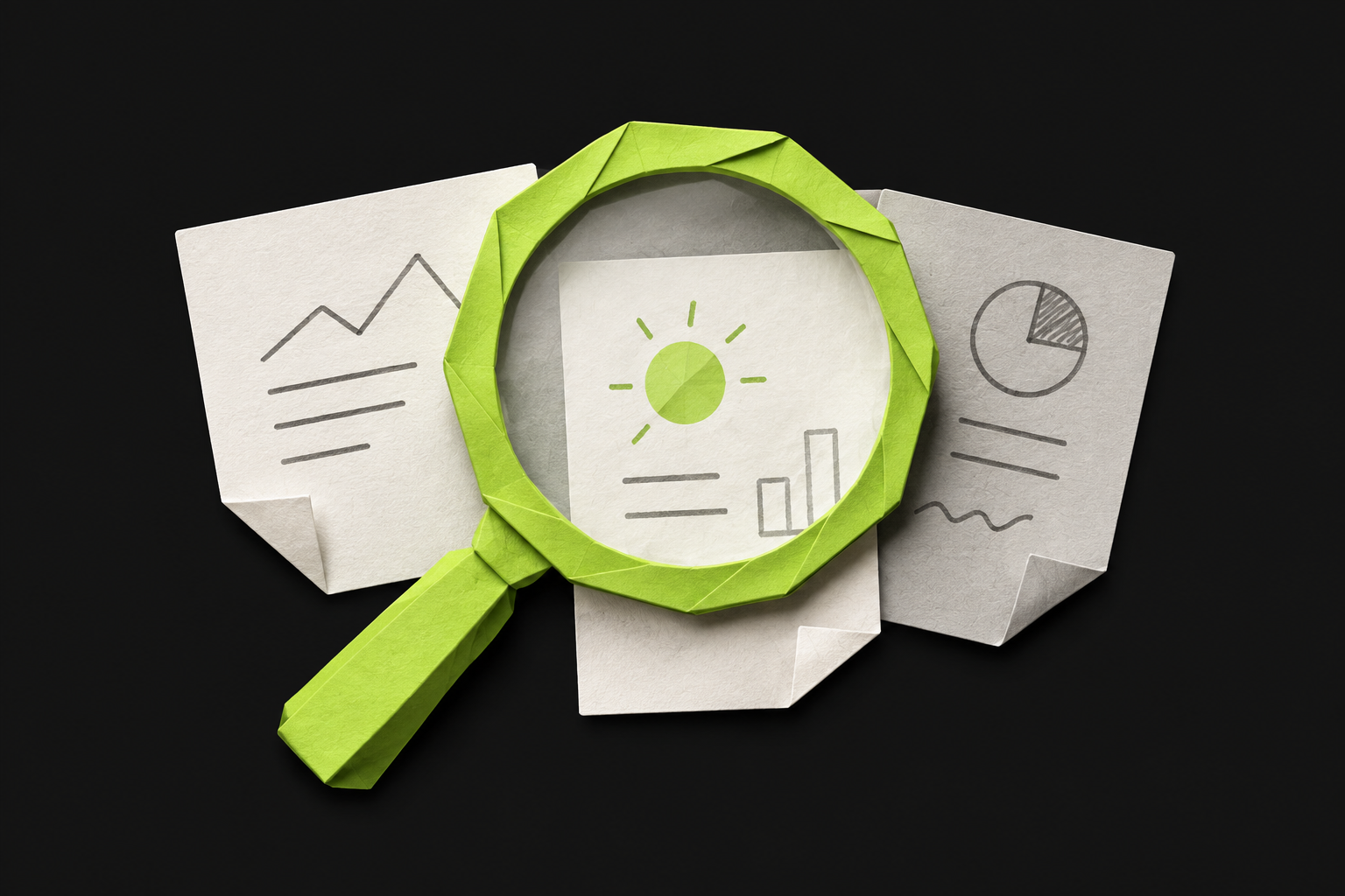 Paper-cut magnifying glass examining charts and operational evidence